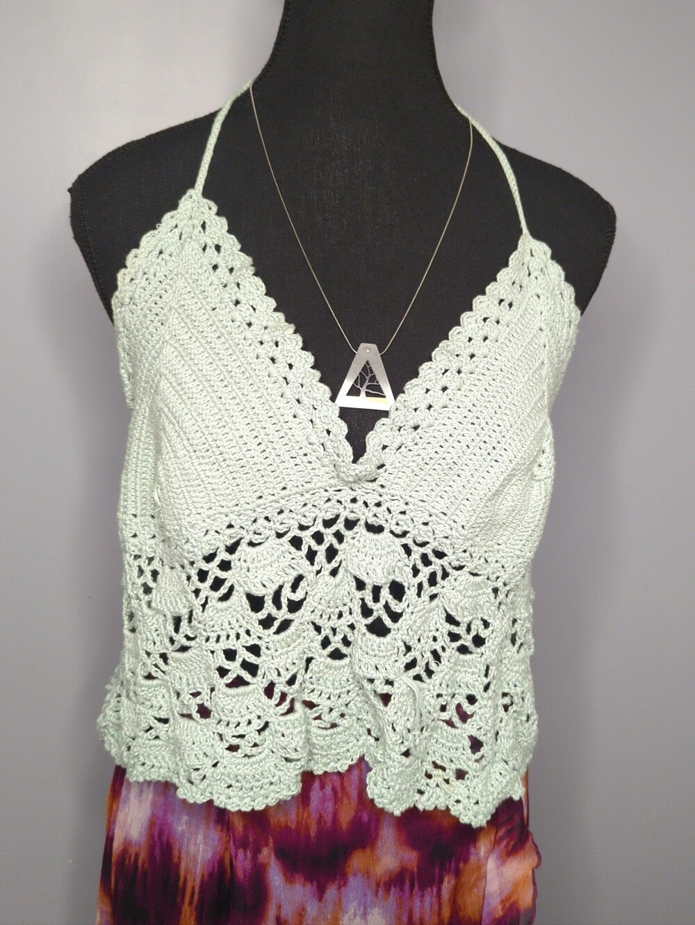 Handmade Crochet Halter Crop Top Mint Green Boho Pineapple Lace Size L